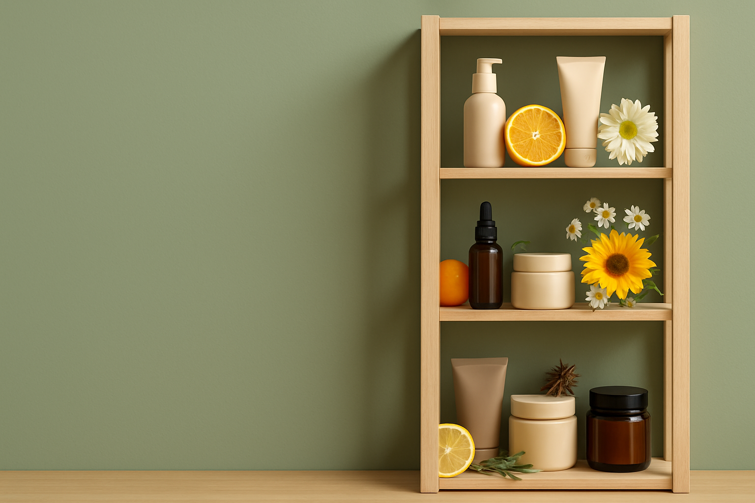sulla destra dell'immagine scaffale in legno chiaro, alto, che espone prodotti cosmetici anonimi, decorato con frutta fresca, fiori e spezie. Lato sinistro dell'immagine vuoto. Sfondo color salvia